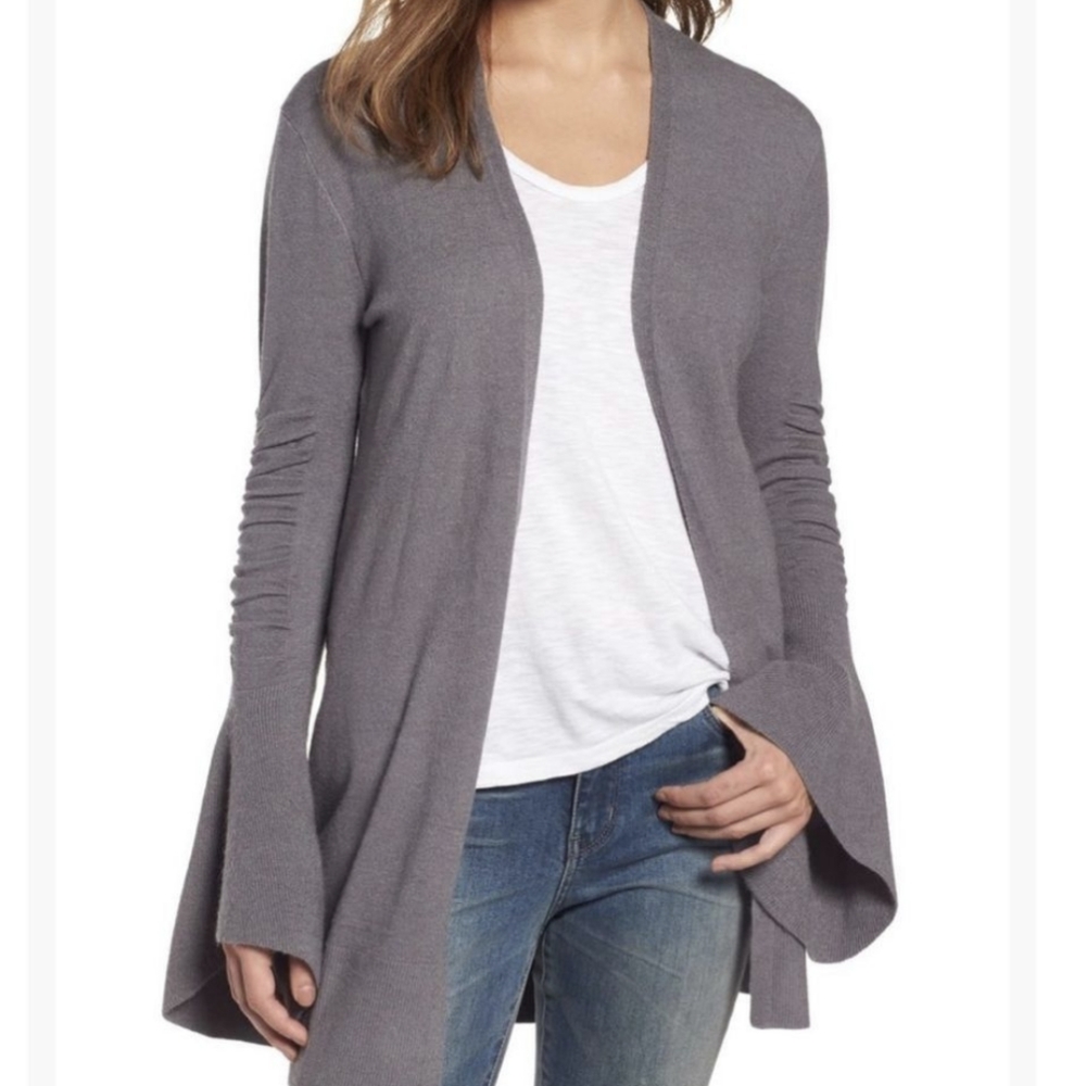 HINGE bell sleeve open front longline gray cardigan sweater - Picture 1 of 11
